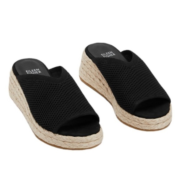 NWOT EILEEN FISHER Tali Platform Wedge Slip On Black Sandals Women's Siz… - Picture 2 of 16